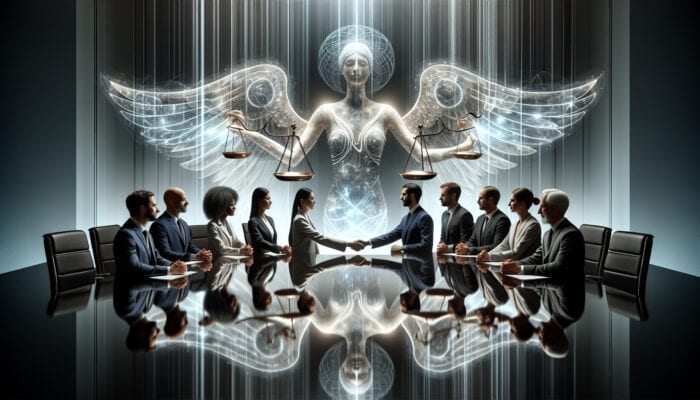 Diverse professionals shake hands in a modern boardroom, with glowing scales of justice and interconnected lights symbolising ethics and trust.