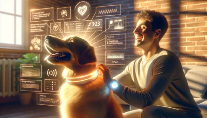 A cheerful golden retriever wearing an AI collar, being petted by a smiling owner, while a tablet displays health data in a sunlit home.