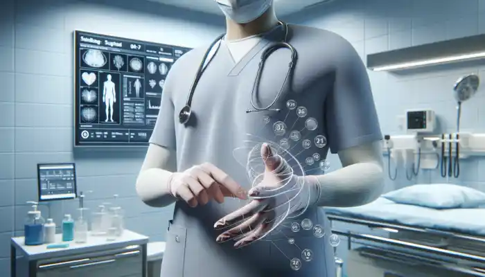 A healthcare worker in a sterile UK environment wearing well-fitted disposable gloves, performing a precise procedure while ensuring contamination protection as per HSE guidelines.