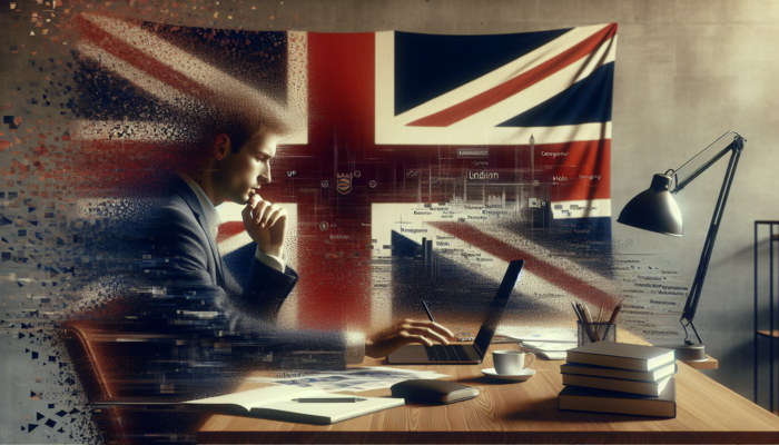 A focused entrepreneur in a modern London office reviews WordPress websites on a laptop, surrounded by notebooks and a Union Jack flag.