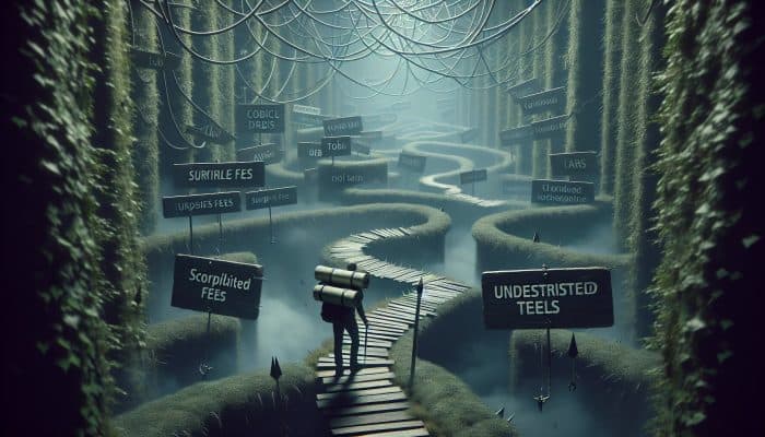 A foggy labyrinth path with spiked traps for fees, tangled vines for terms, and a heavy backpack of bills.