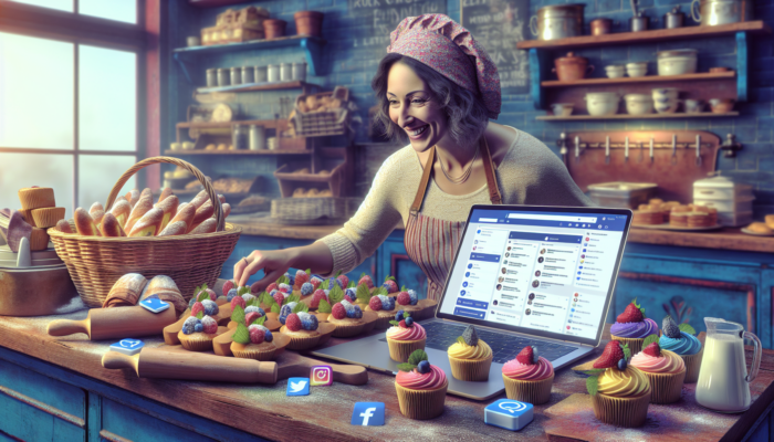 Smiling bakery owner in Kingswood arranges colourful pastries on rustic counter for Instagram, with laptop showing Facebook and Twitter activity.