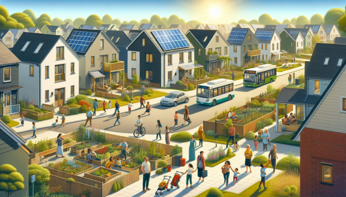 A peaceful suburban street lined with modest energy-efficient homes featuring solar panels, community gardens, diverse families, and nearby public transport under a bright blue sky.