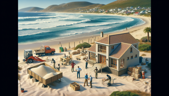 Idyllic coastal scene near Secunda: workers maintain a beachfront home using local materials while homeowners discuss repairs under a sunny sky.