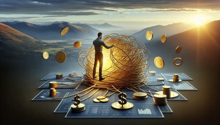 Debt Consolidation for Council Tax Arrears: Key Strategies | DCL A person merges tangled ropes of coins, bills, and credit cards into a glowing golden thread against a dawn-lit mountain backdrop.