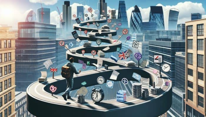 Debt Consolidation for Council Tax Arrears: Key Strategies | DCL Determined person navigates winding path in bustling UK city, surrounded by clocks, loan documents, and stamps, symbolising variable debt consolidation timelines.