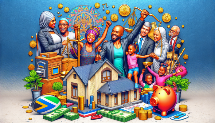 Diverse family in Postmasburg celebrates receiving home keys from a bank official, surrounded by charts of fixed and variable interest rates, symbolising affordability and hope.