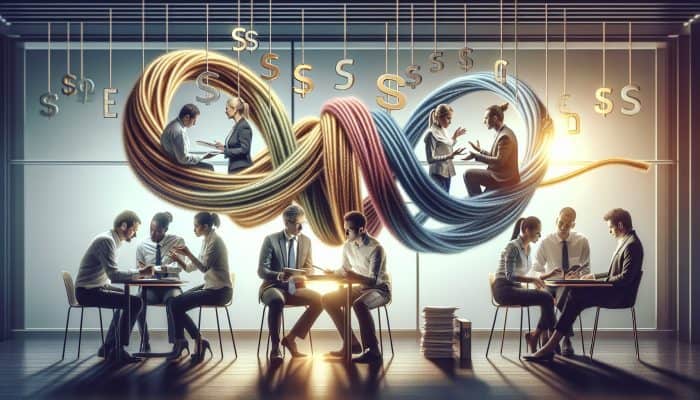 Individuals in a contemporary credit union discussing strategies for debt consolidation; intertwined ropes transform into a glowing thread representing financial freedom.