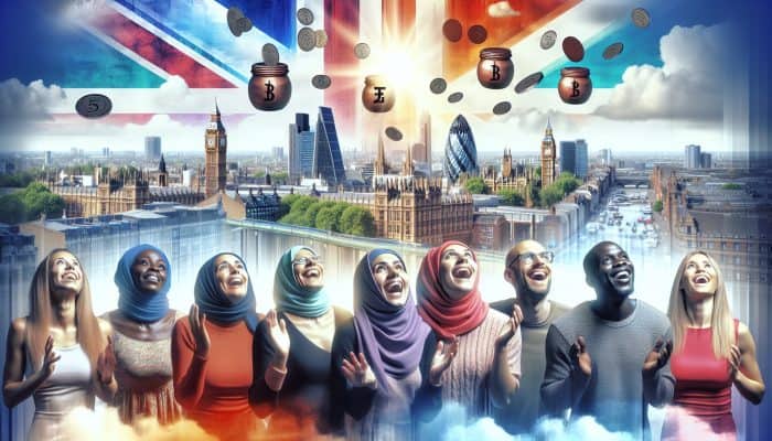 Diverse individuals in a vibrant UK cityscape joyfully reviewing charts depicting declining credit union rates, with debts disappearing into savings jars under a clear blue sky.
