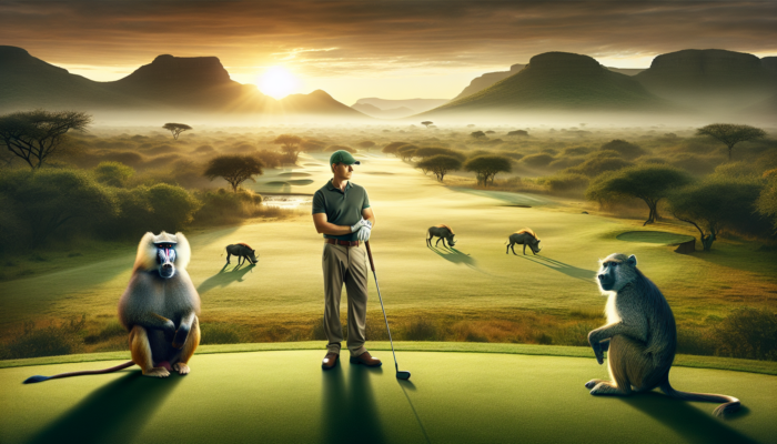 A golfer on a South African course at sunrise observes a baboon nearby, with warthogs grazing in the lush landscape.