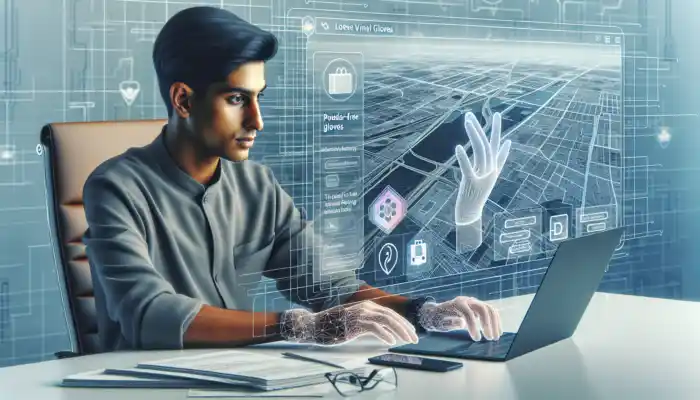 A focused individual at a desk browses a UK medical website on a laptop, viewing images of powder-free vinyl gloves with a Leicester map and delivery icons in the background.