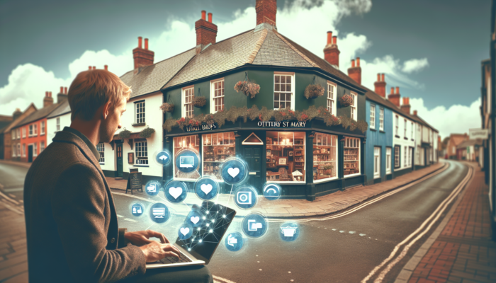 Charming street in Ottery St Mary: small business owner in historic shop managing social media on laptop with floating icons.