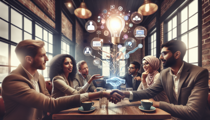 Small business owners in a cosy Ottery St Mary café brainstorming social media strategies, including user-generated content and algorithm adaptations for engagement.