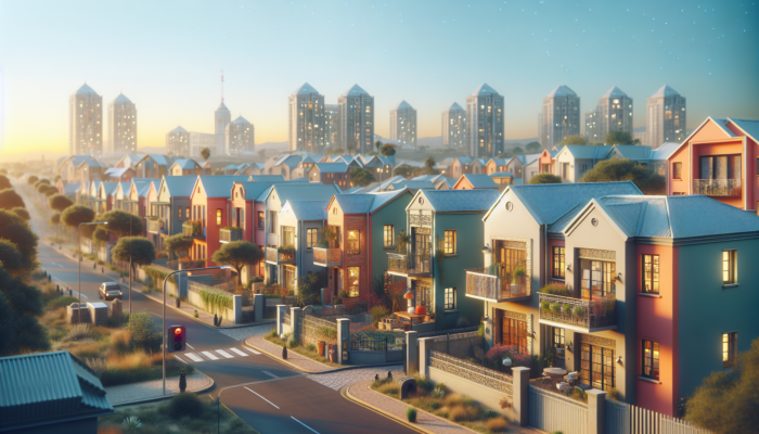 A vibrant Johannesburg street lined with affordable apartments and small houses, featuring balconies, gardens, and a sunny sky.