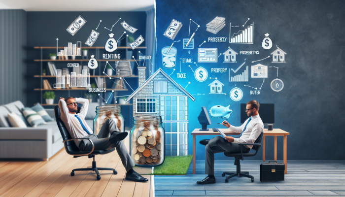 Relaxed renter in a modern home office surrounded by savings jars, contrasted with stressed buyer handling property tax documents under a suburban sky.