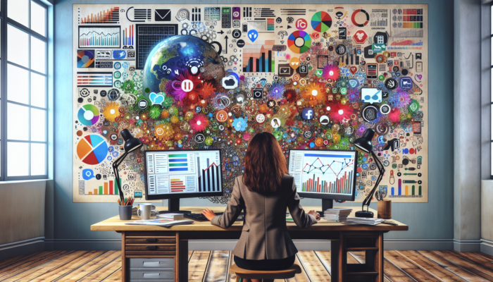 Young entrepreneur at a Gloucestershire desk, using Hootsuite and Buffer for scheduling, designing in Canva, surrounded by analytics charts.