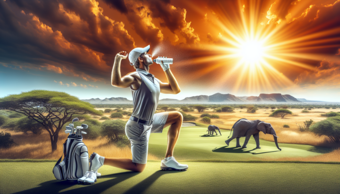 A golfer warming up with stretches on a sunny course near Kruger National Park, with savanna hills, wildlife, sipping a drink and applying sunscreen.