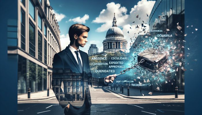 Secured vs Unsecured Debt Consolidation Loans | DCL A young professional on a bustling London street, confidently reviewing loan documents under a clear sky, with broken chains symbolising financial freedom.