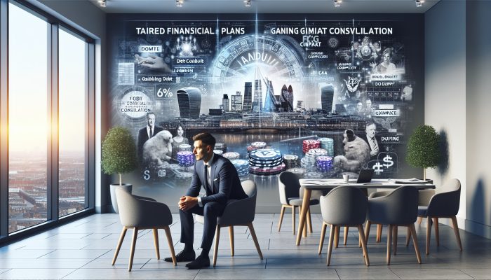 Debt Consolidation and Gambling Debt: UK Help | DCL A confident UK financial advisor in a modern London office discusses debt consolidation with a client, surrounded by personalised plan charts, gambling debt symbols, and FCA compliance documents.