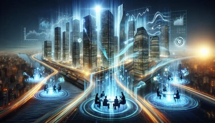 A futuristic cityscape with glowing data charts flowing into skyscrapers, analysts at holographic tables making strategic decisions amid market waves.