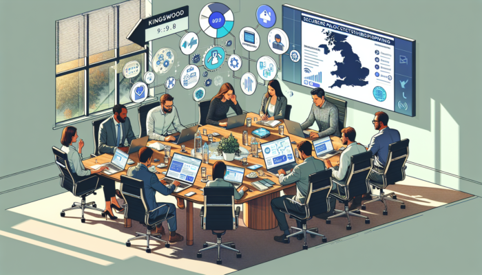 In a modern Kingswood office, web experts and business owners discuss website planning with laptops, digital sketches, payment icons, and Gloucestershire maps.