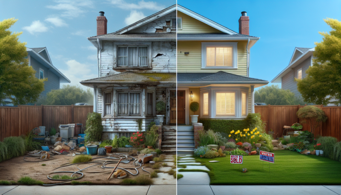 Split view of a suburban home: left shows cracked walls and overgrown weeds; right displays modern windows, fresh landscaping, and a sold sign.