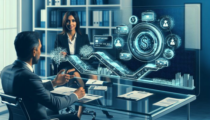 Financial advisor explaining debt consolidation, showing screen of debts merging into one loan and graphs of reduced interest rates.