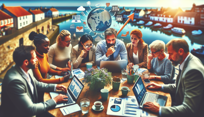 Small business owners in Teignmouth strategize SEO integration with social media and email at a coastal table, laptops showing optimised content and rising graphs.