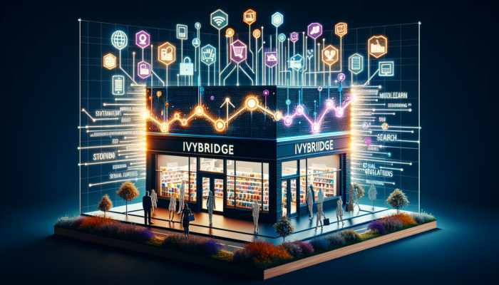 A modern e-commerce storefront in Ivybridge's digital ecosystem, showcasing SEO strategies, social media engagement, enthusiastic customers, and rising sales graphs.