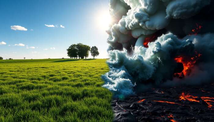 A split landscape: one side with a calm sunny meadow under clear skies, the other with raging storms, flooding rivers, and scorched earth, depicting climate change effects.