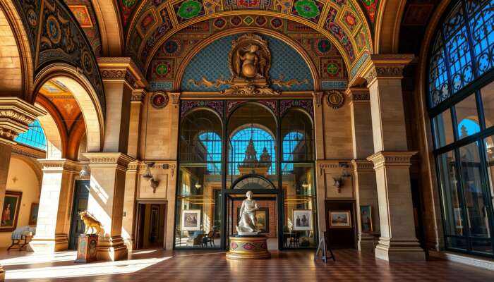San Miguel de Allende museum featuring a grand colonial facade, ornate arches, colourful tiles, and historical stone blended with modern glass.