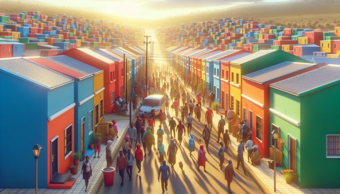 Bustling street in Thohoyandou with colourful entry-level homes under a sunny sky, as diverse first-time buyers tour amid urban migration crowds.