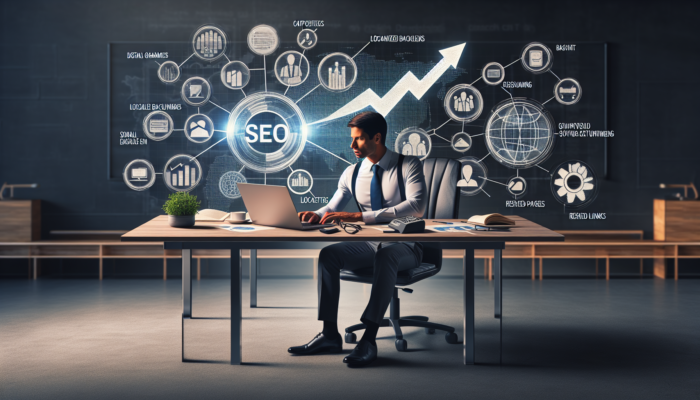 Small business owner in Gloucester optimises website on laptop, surrounded by SEO icons like graphs and keywords for digital growth.