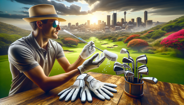 A golfer in Johannesburg wears breathable, non-slip gloves to clean shiny golf clubs on a humid South African day.