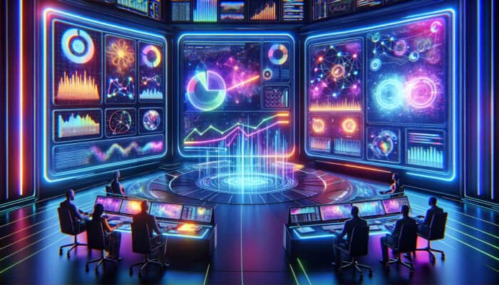 Futuristic command center with AI visualizing SEO data on holographic screens, marketers analyzing trends amid neon graphs.