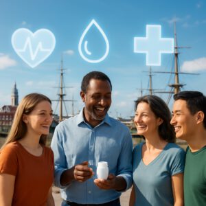 Diverse people smiling in Portsmouth harbour, exploring FBC test health benefits amid historic ships and sunny skies.