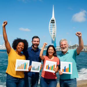 Diverse people celebrating FBC test benefits in Portsmouth harbour under Spinnaker Tower.