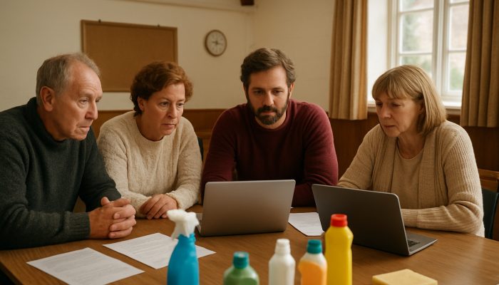 Locals in East Coker village hall review UK cleaning service testimonials on laptops.