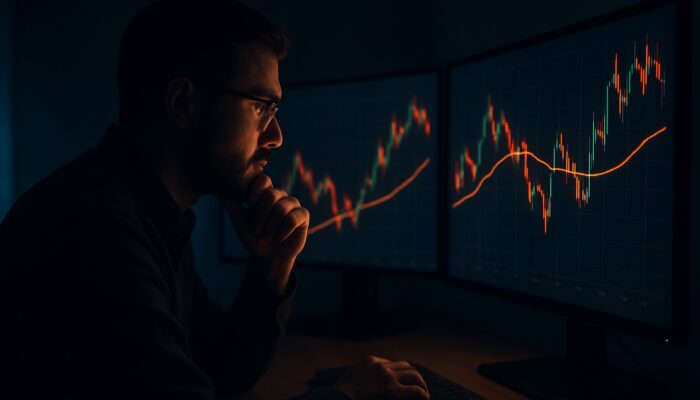 Focused crypto trader analyzing volatile Bitcoin charts on multiple screens with glowing VWAP line.