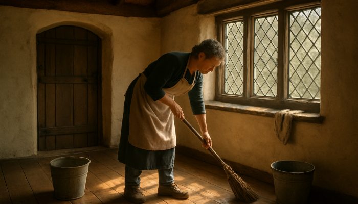 Tenant cleaning a thatched cottage in Odcombe with brooms, buckets, and sunlight.