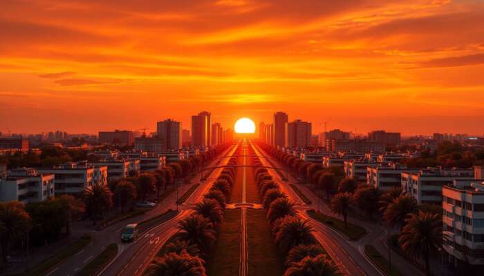 Symmetrical urban landscape at golden hour, featuring winding paths that lead to a vibrant focal point with striking warm-cool colour contrasts.