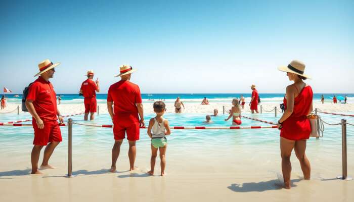 Beach scene with lifeguards in red uniforms monitoring swimmers in designated areas, families wearing hats and sunglasses under a bright sun.