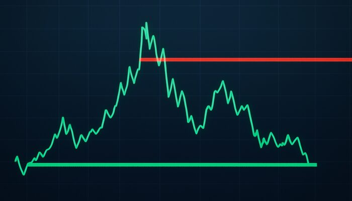 Bitcoin chart displaying green support line and red resistance in cryptocurrency trading.