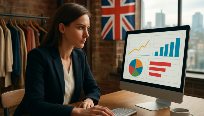 Determined entrepreneur in a Manchester boutique analysing rising Google Analytics graphs against a Union Jack background.