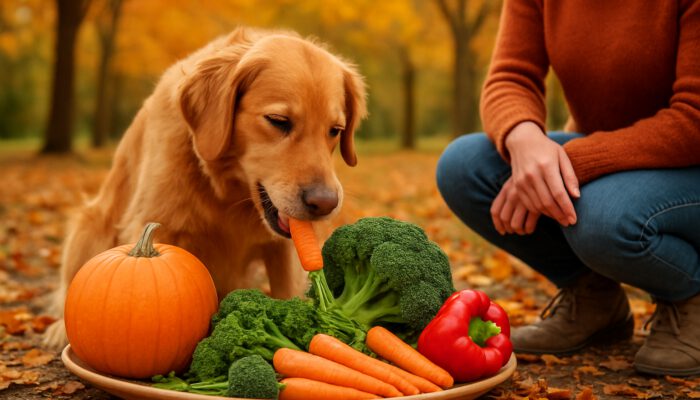 Cheerful dog enjoying fresh seasonal vegetables in autumn park with owner.