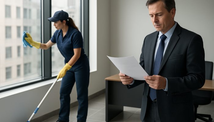 Professional cleaner scrubbing floors and windows in an Ilchester office while the owner reviews the invoice.