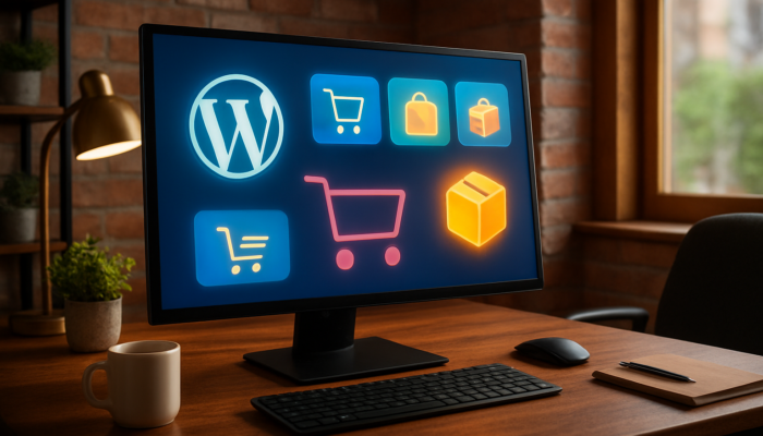 A vibrant WordPress dashboard in a Bridport office, showcasing WooCommerce e-commerce icons and shopping carts.