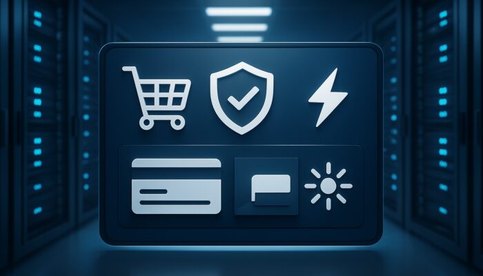 E-commerce dashboard featuring server racks, shopping carts, and secure payment icons for reliable hosting support.
