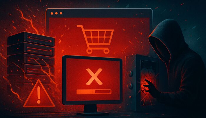 Chaotic e-commerce site featuring overloaded servers, slow loading pages, red error screens, and breached firewalls.