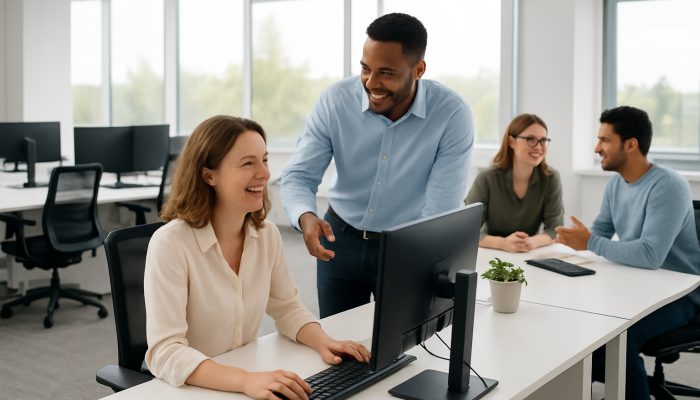 A contemporary Ilchester office featuring spotless desks, ergonomic workstations, and satisfied employees collaborating.